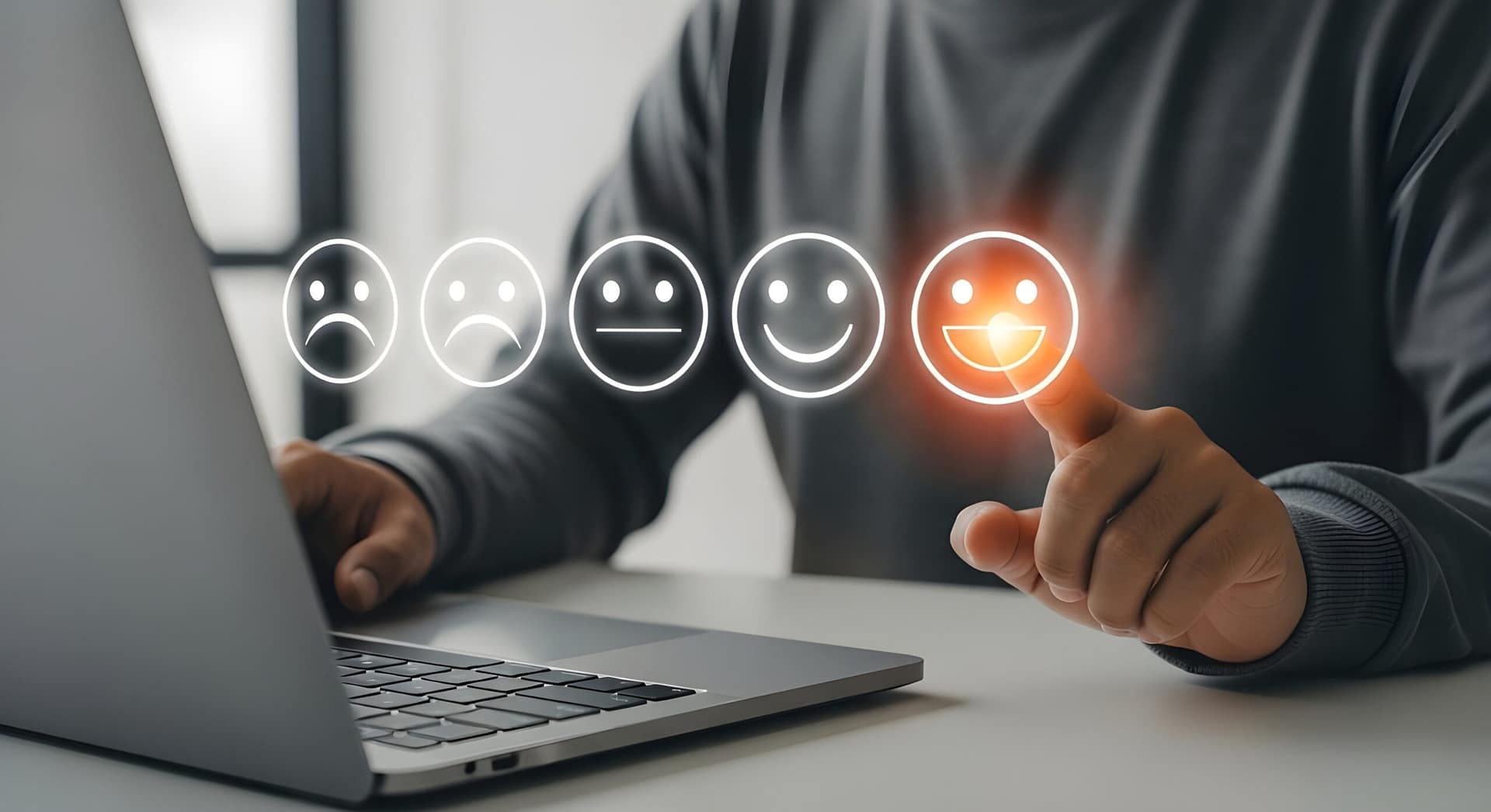 Customer Satisfaction Concept – Finger Touching Happiest Emoji on Digital Rating Bar